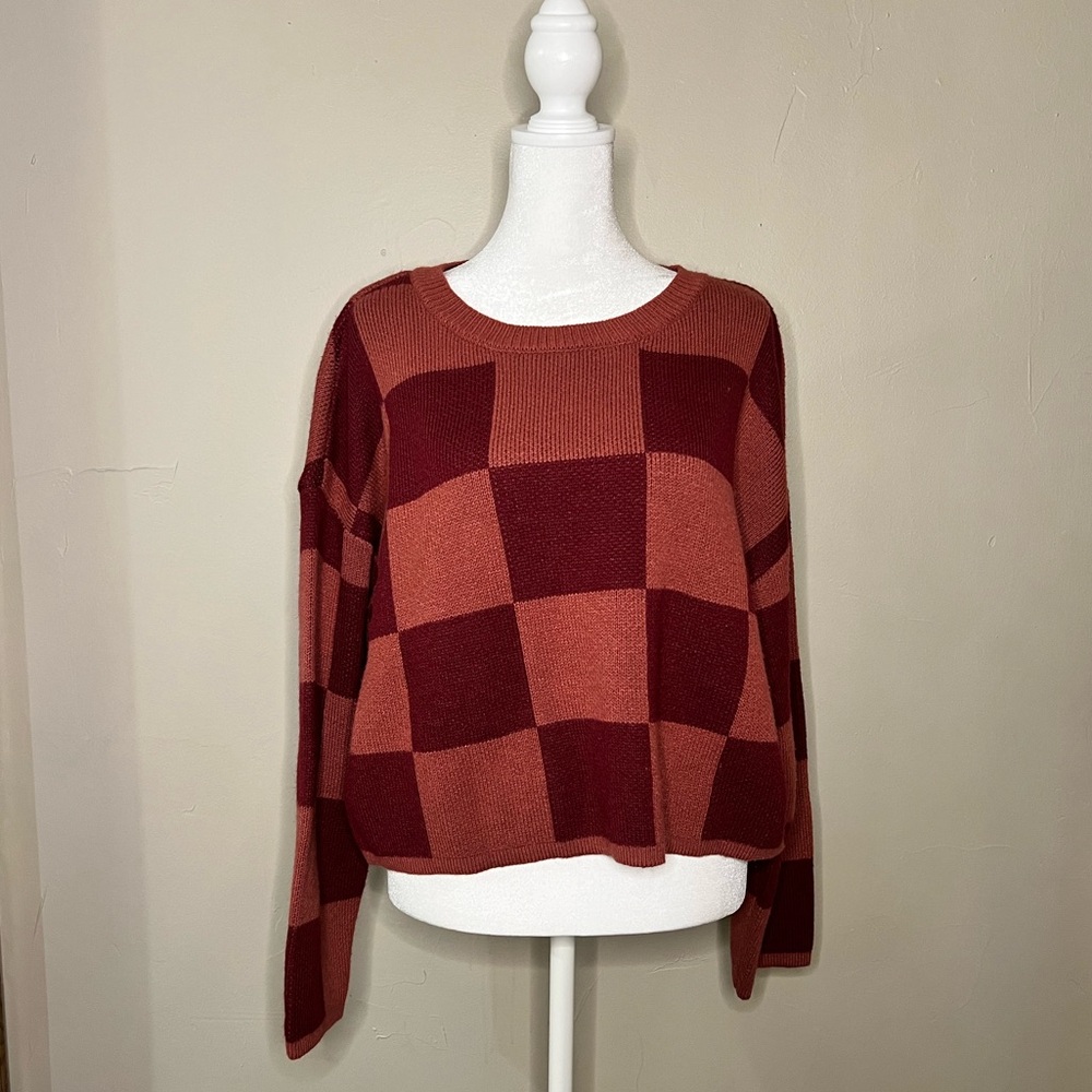 Wynter Pink Purple Escambia Long Sleeve Checkered Sweater, L